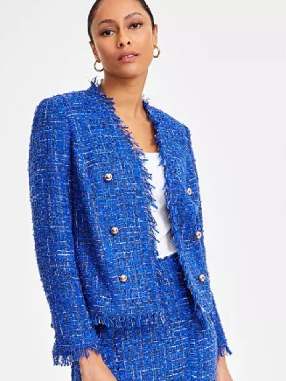 INC International Concepts Wool Blend Blue Collarless Tweed Blazer Size Large - Picture 2 of 4